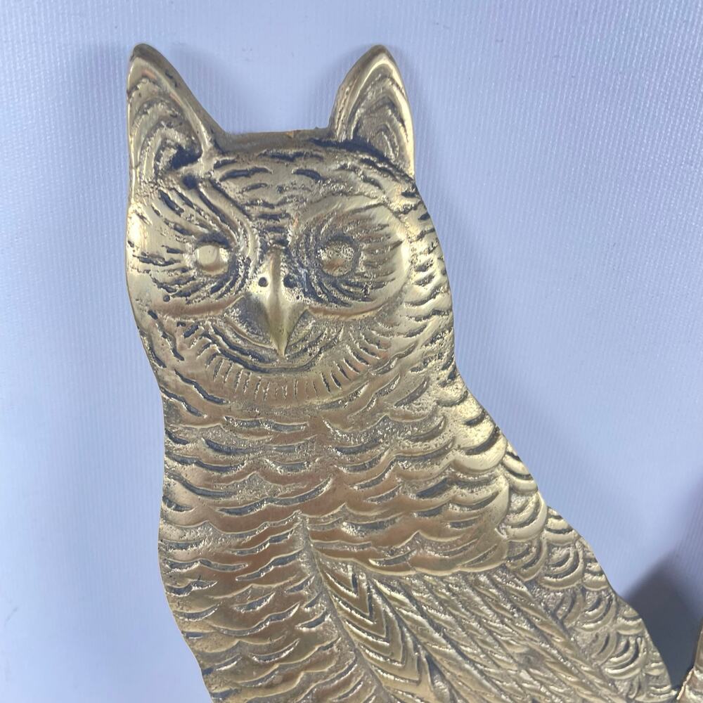 Vtg midcentury modern MCM flat solid brass owls perched on branch decor 10.5x5.5 - Picture 2 of 7